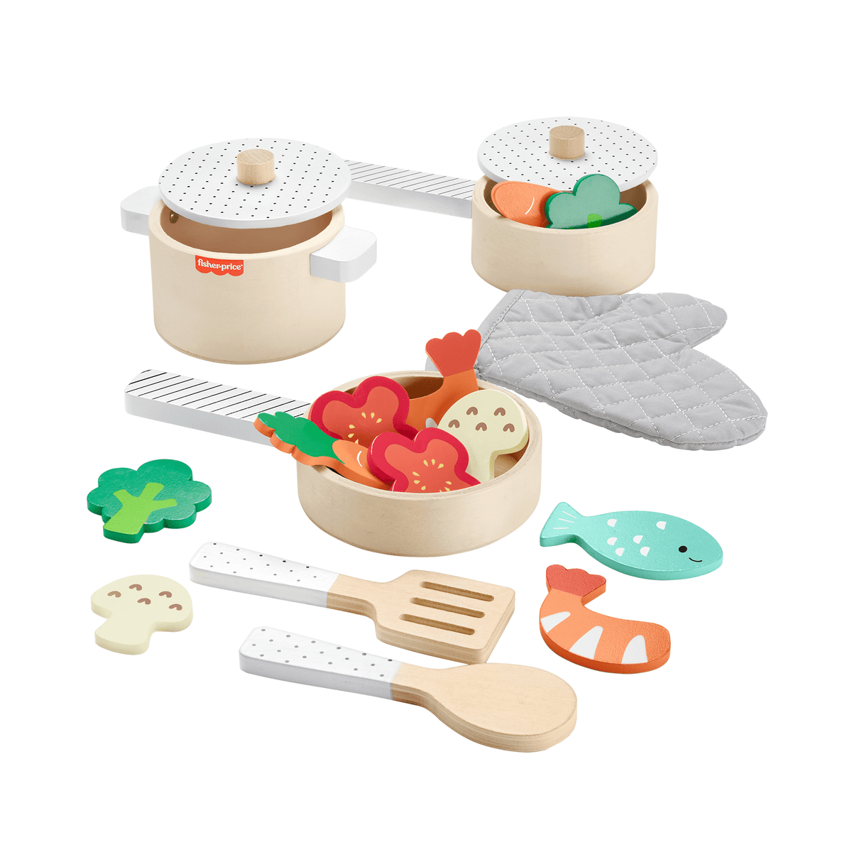 Fisher-Price Wooden Pots & Pans Set For Preschool Kitchen Pretend Play, 19 Wood Pieces