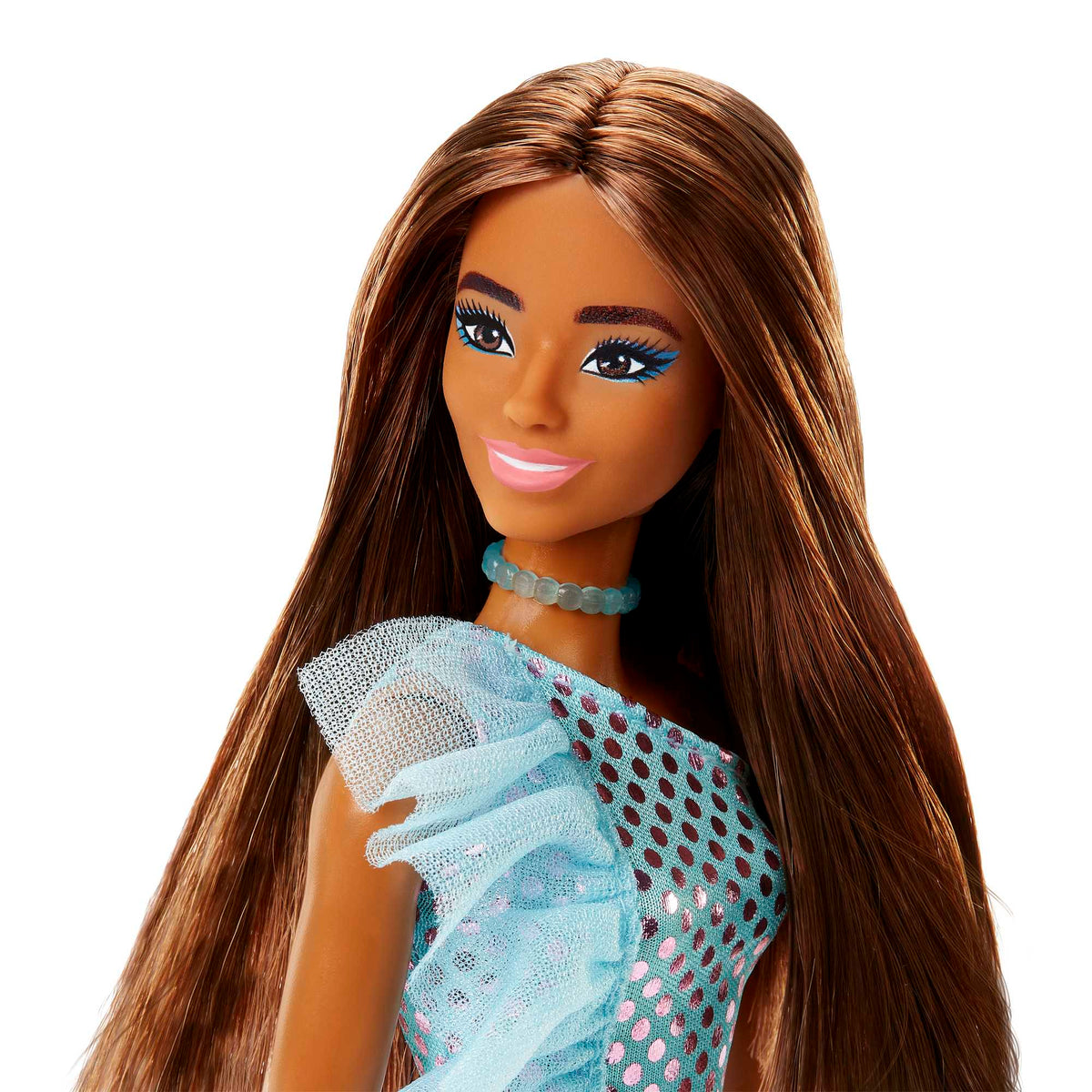 Barbie Poupée Brunette Avec Robe Sarcelle Métallique